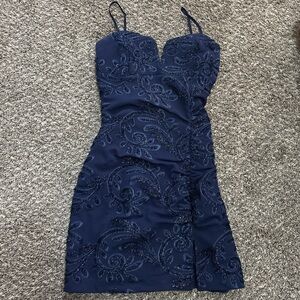 Navy Embellished Spaghetti Strap hoco Dress